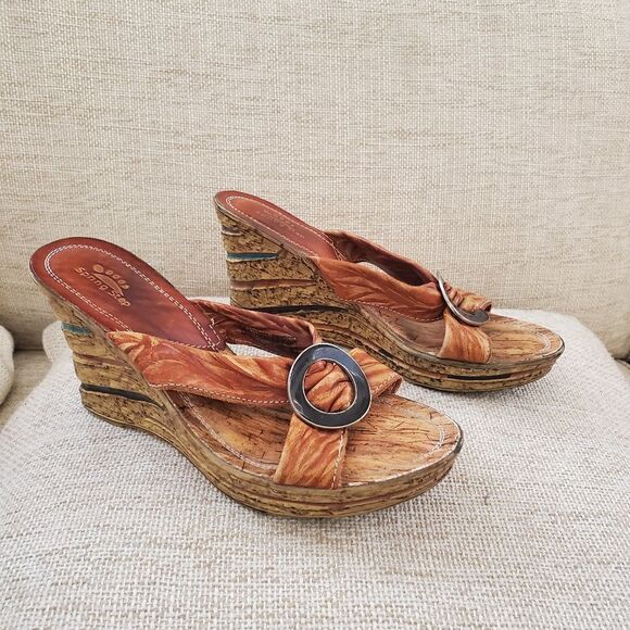 Spring Step Ravo Brown/tan Strappy Black Circle Leather Wedge Sandals Size 9 - Picture 10 of 14
